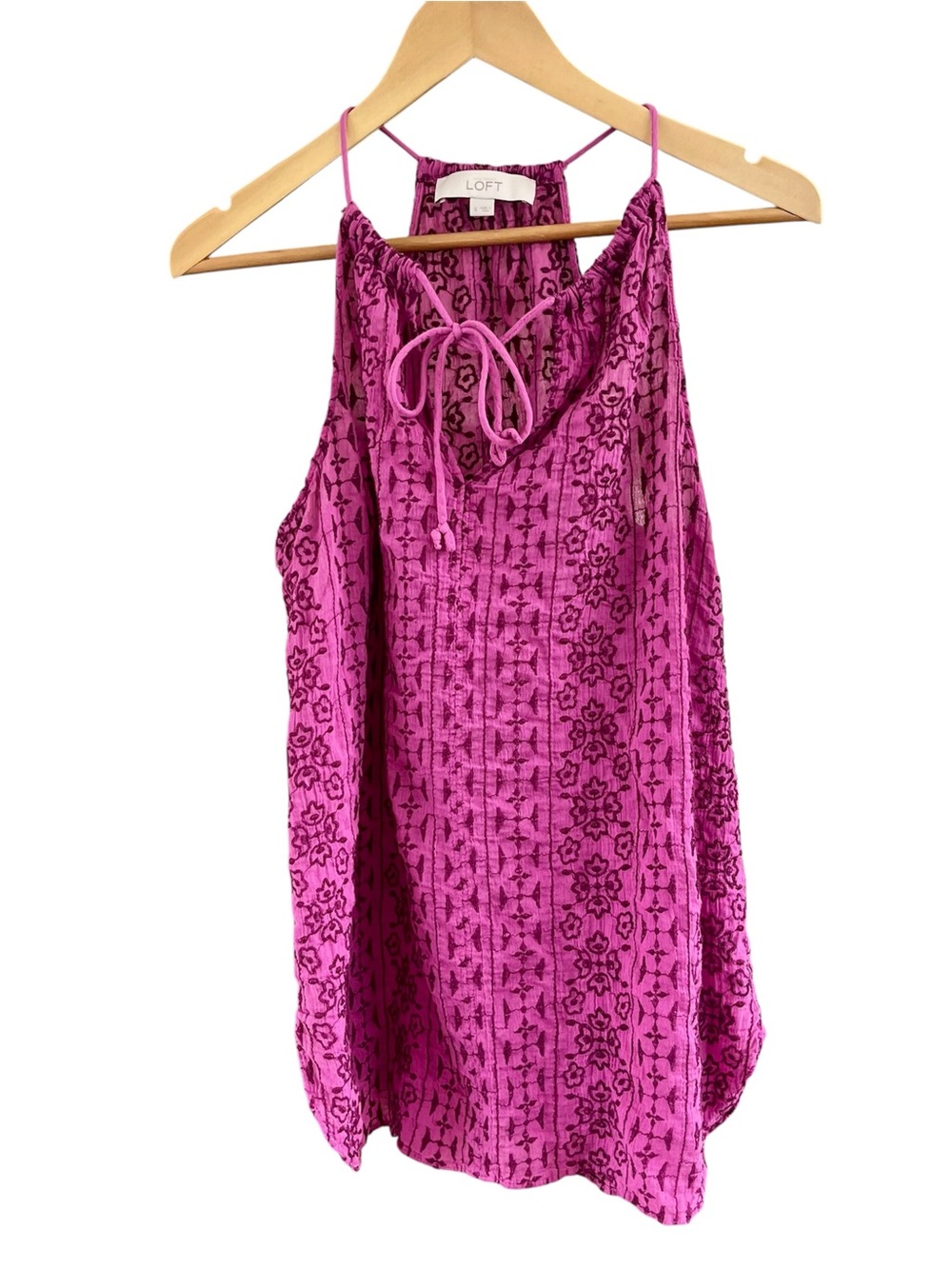 LOFT Ann Taylor Magenta Pink Embroidered Halter Top Small Cotton Sleeveless Tie